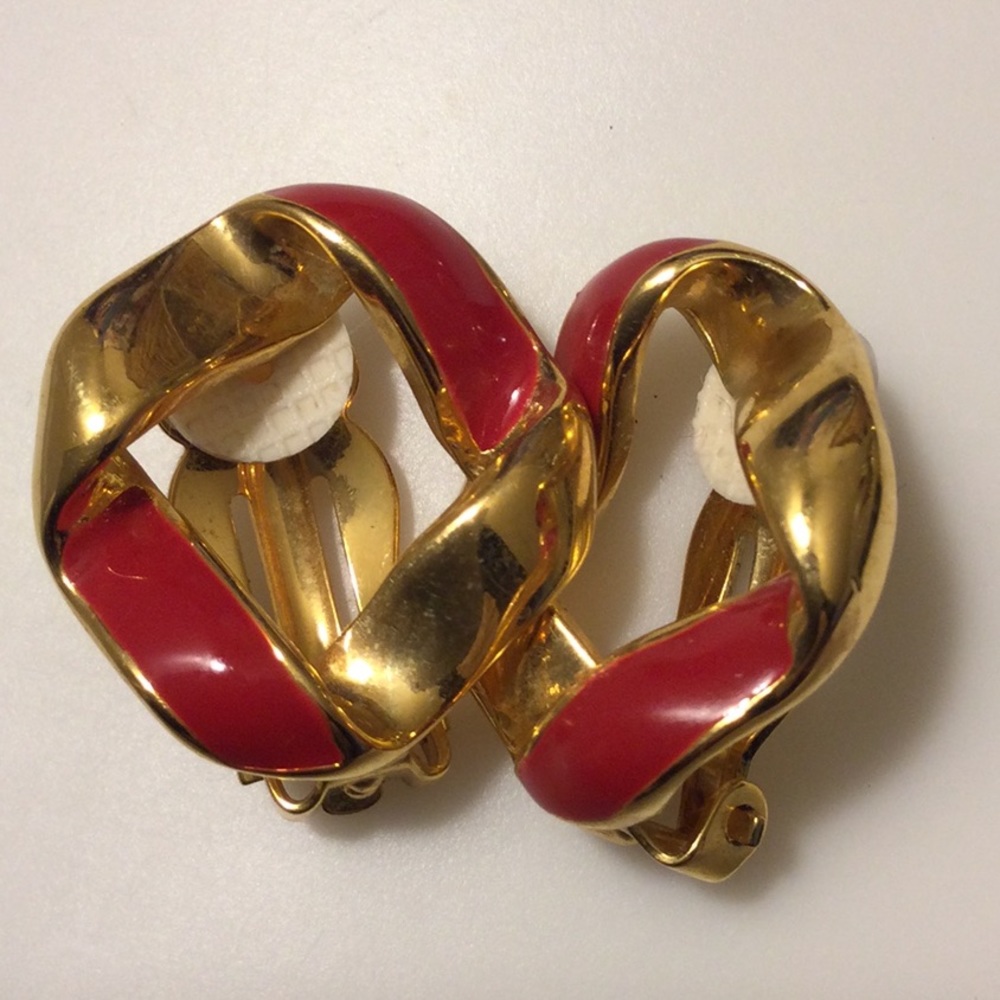 Red And Gold abstract Clip On Earrings